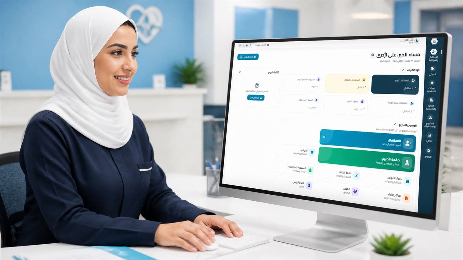 موظفة استقبال تعمل على برنامج همیار طب لإدارة المجمعات الطبية