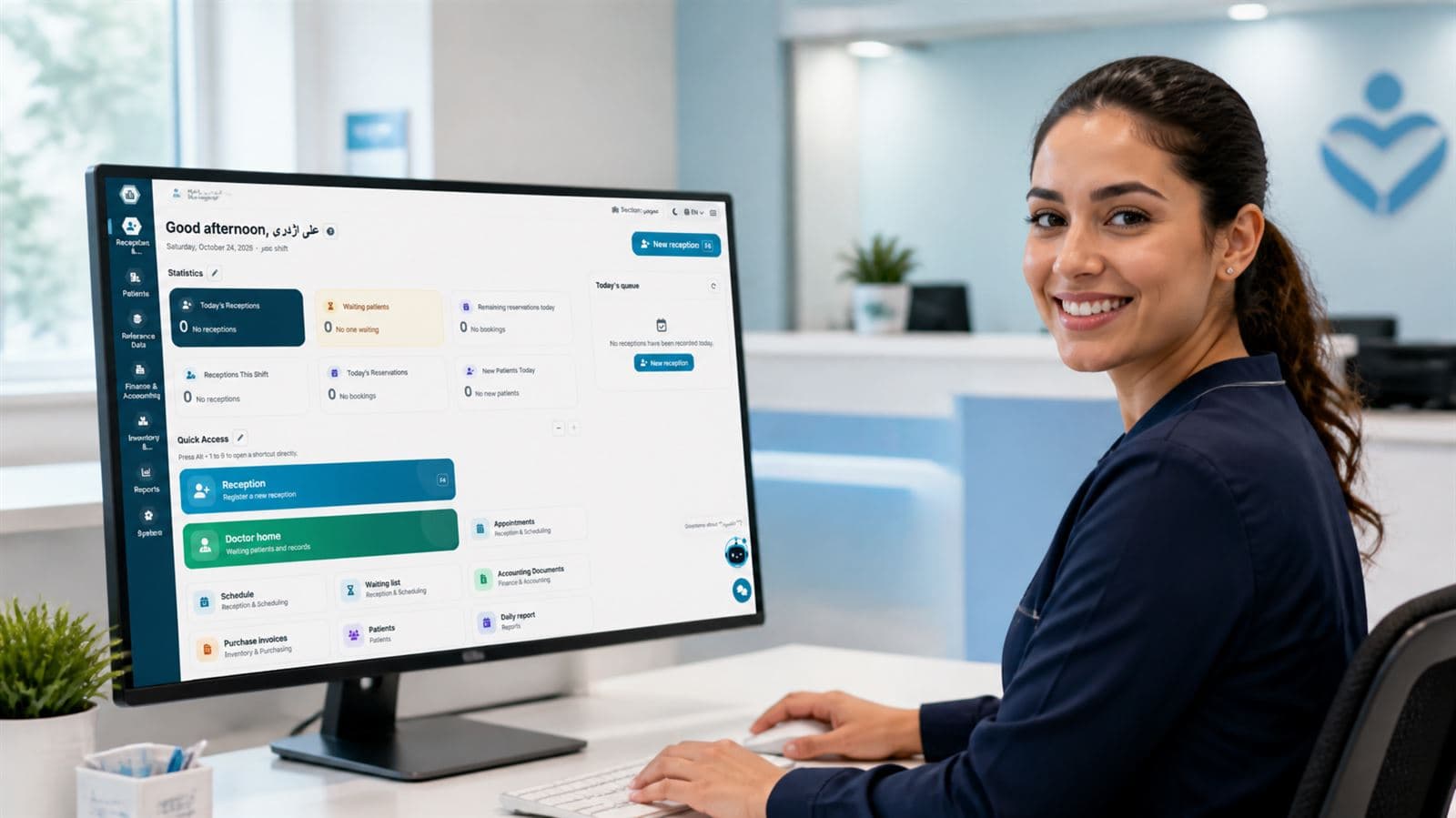 Receptionist checking in a patient with Hamyarteb medical reception software