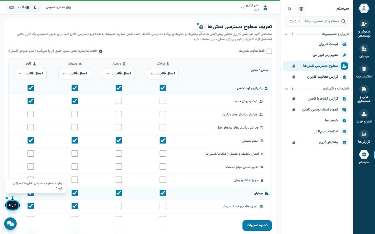 سطح دسترسی هر نقش در همیارطب